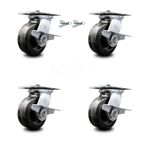 Service Caster 5 Inch Phenolic Caster Set with Roller Bearing 4 Brake and 2 Swivel Lock SCC SCC-35S520-PHR-SLB-BSL-2-SLB-2